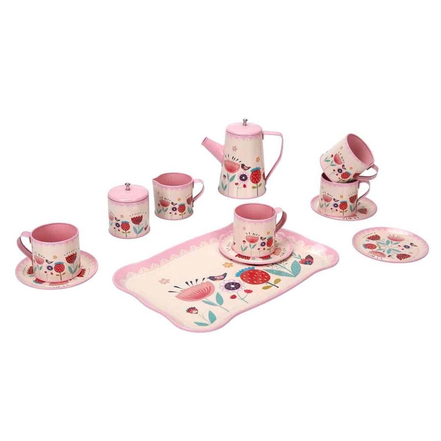 Çiçek Desenli Metal Çay Seti 