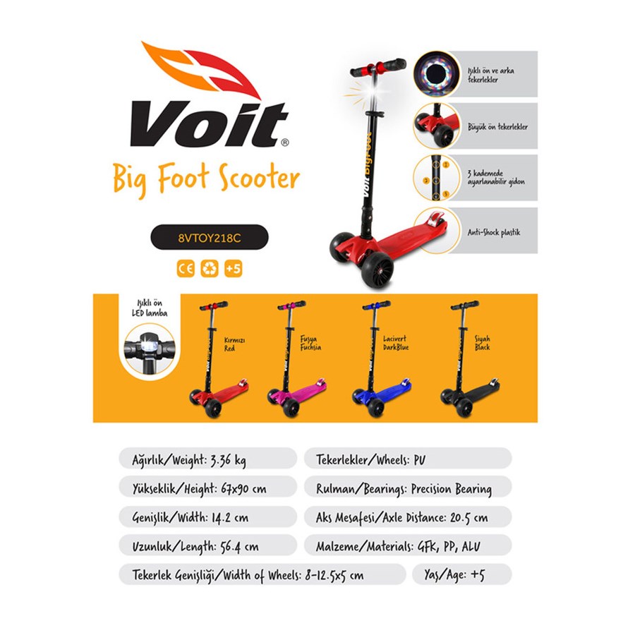 Voit 218C Işıklı Geniş 3 Teker Scooter-Kırmızı 