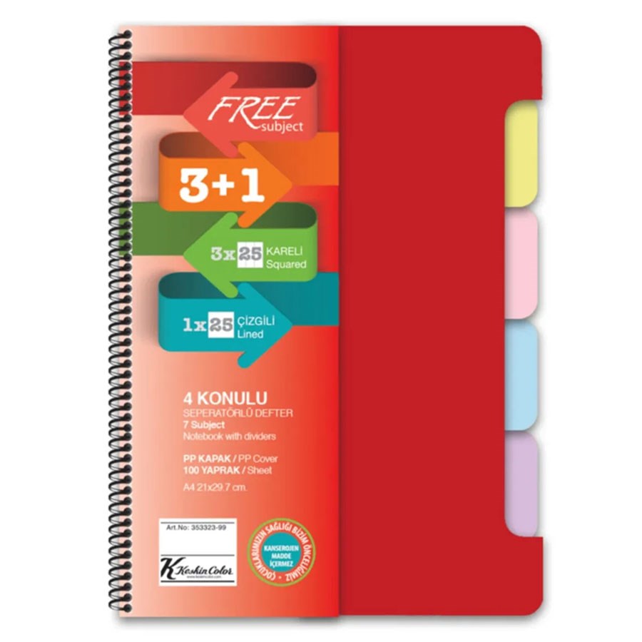 Keskin A4 100 Yaprak Ayraçlı Free Subject Defter 