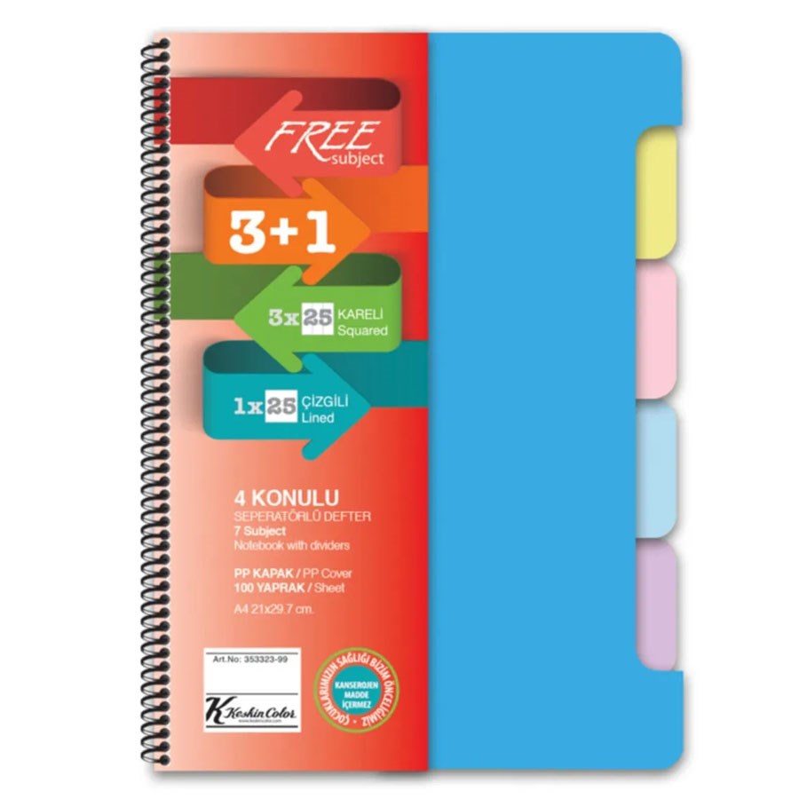 Keskin A4 100 Yaprak Ayraçlı Free Subject Defter 