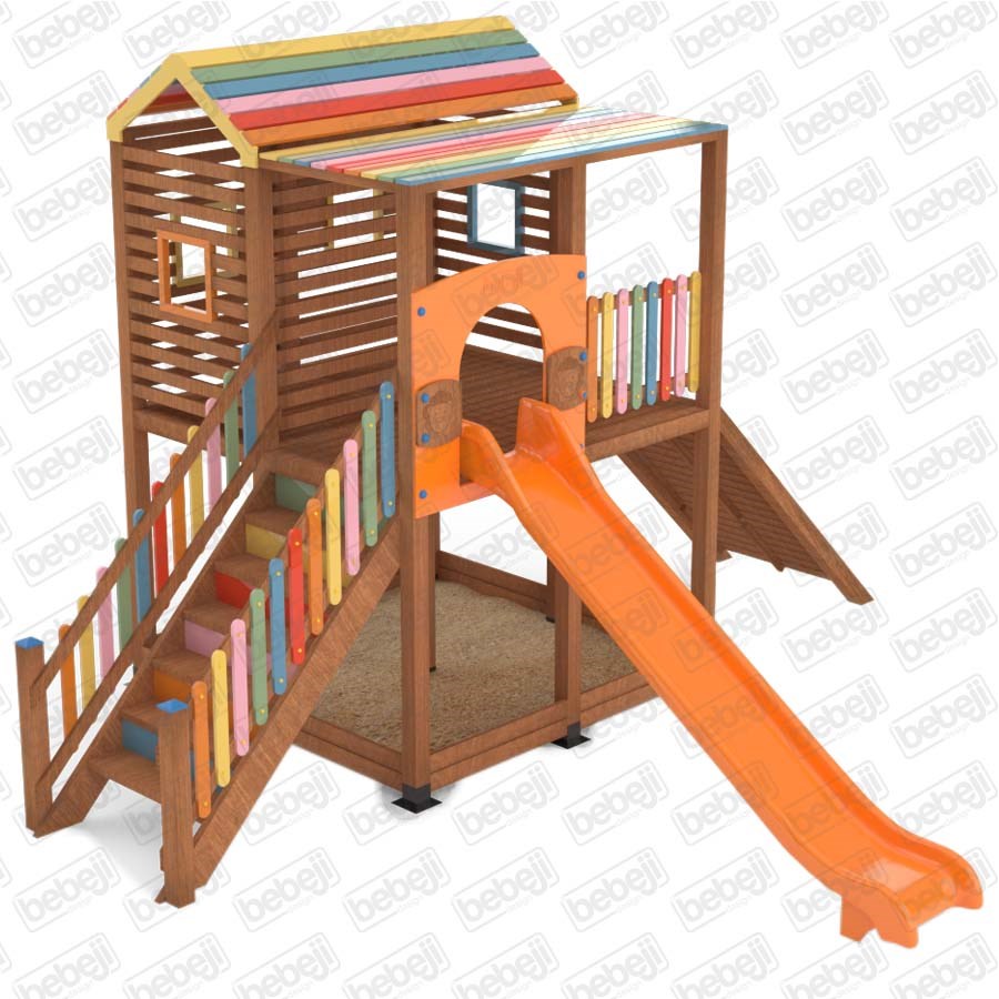 Ahşap 2 Katlı Kaydıraklı Oyun Evi 